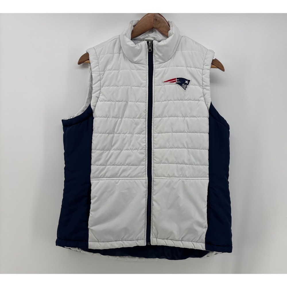 New England Patriots Puffer Vest Women's XL White Navy Blue NFL Embroidered